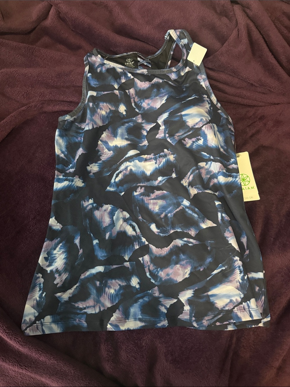 Gaiam bra tank for exercise or the pool in a Black & Purple Print. Large $25